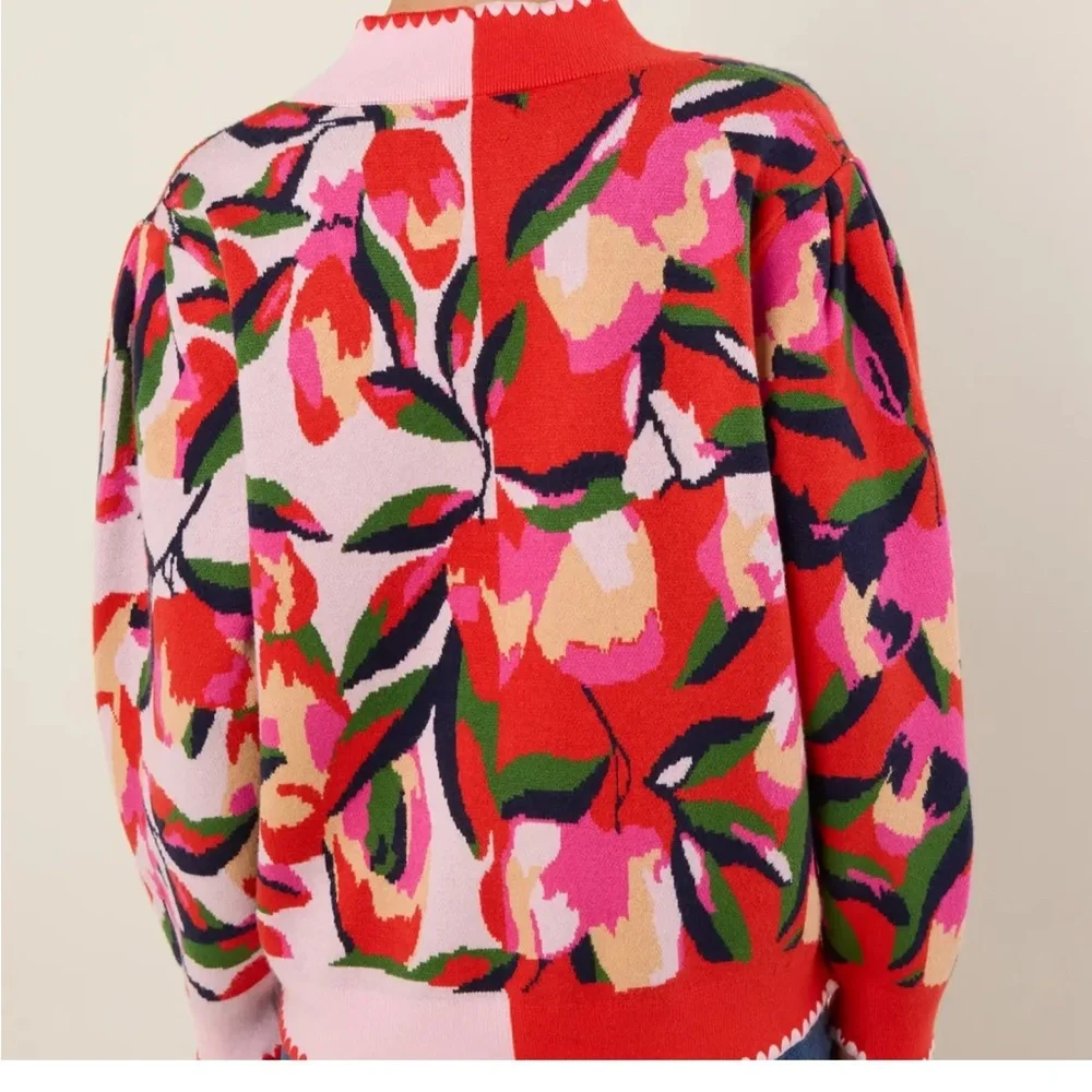 V-Neck Floral Colorblock Button Cardigan Sweater - Pink & Red